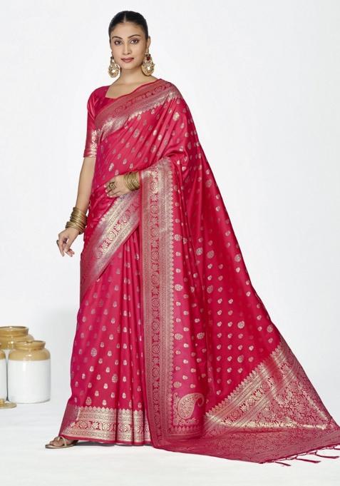 Pink Woven Silk Blend Saree Set