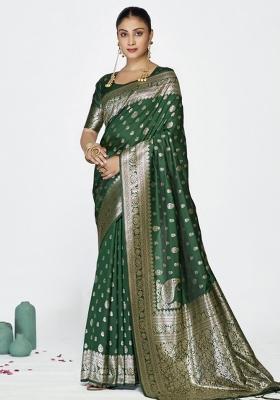 Green Woven Silk Blend Saree Set