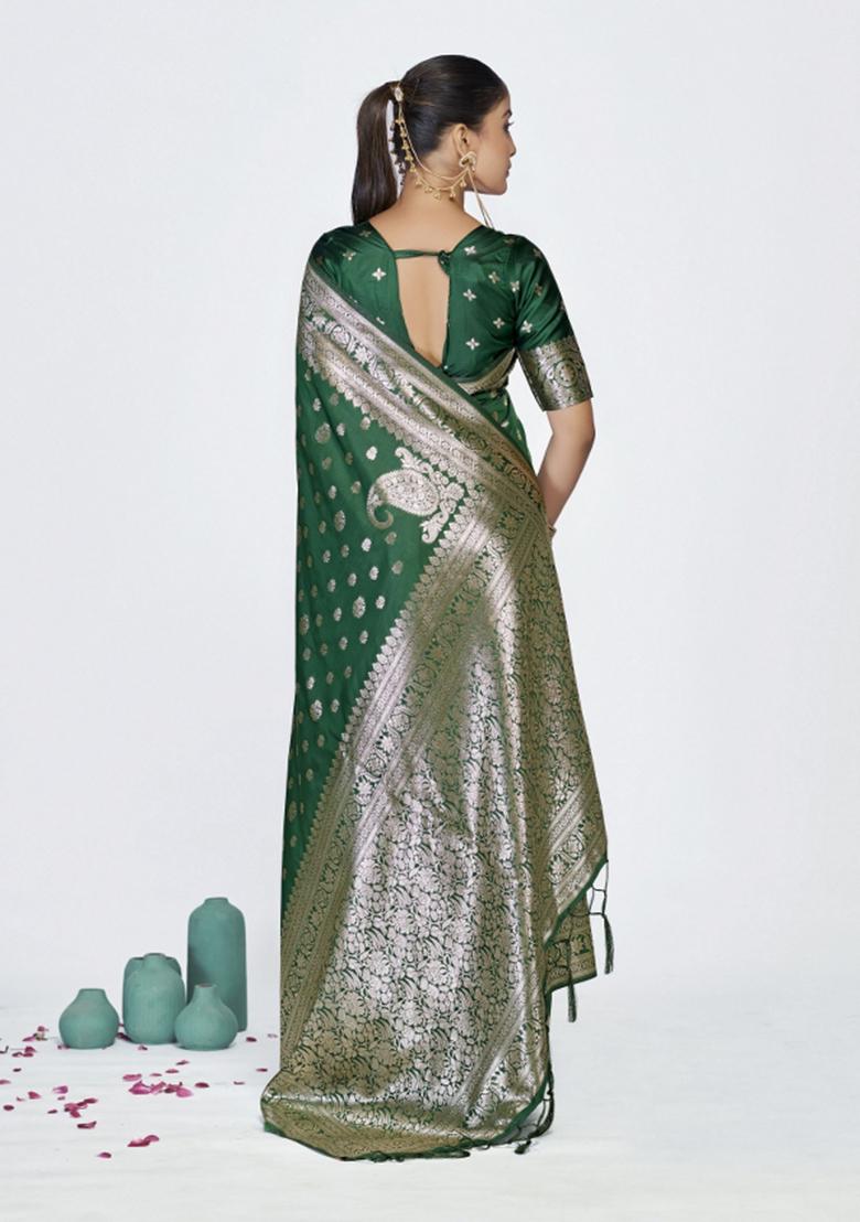 Green Woven Silk Blend Saree Set - Indya