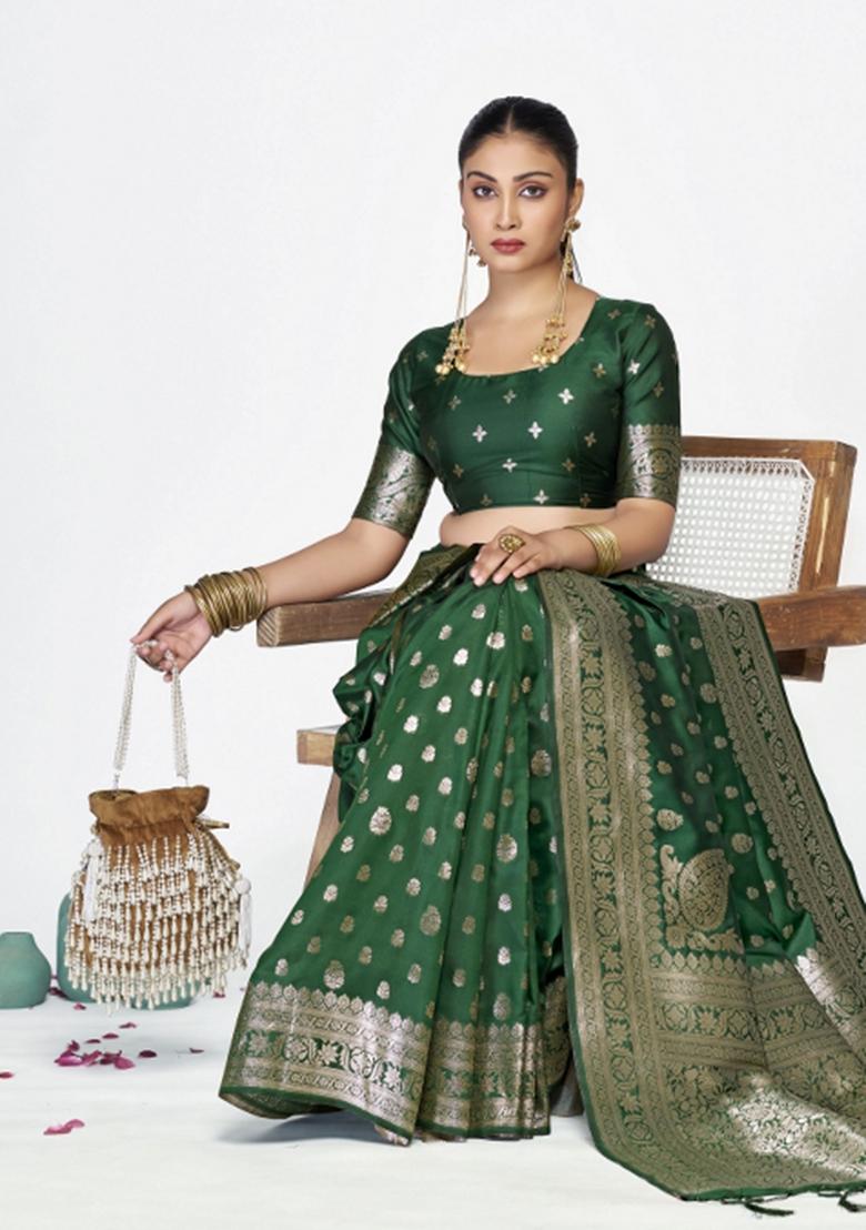 Green Woven Silk Blend Saree Set - Indya