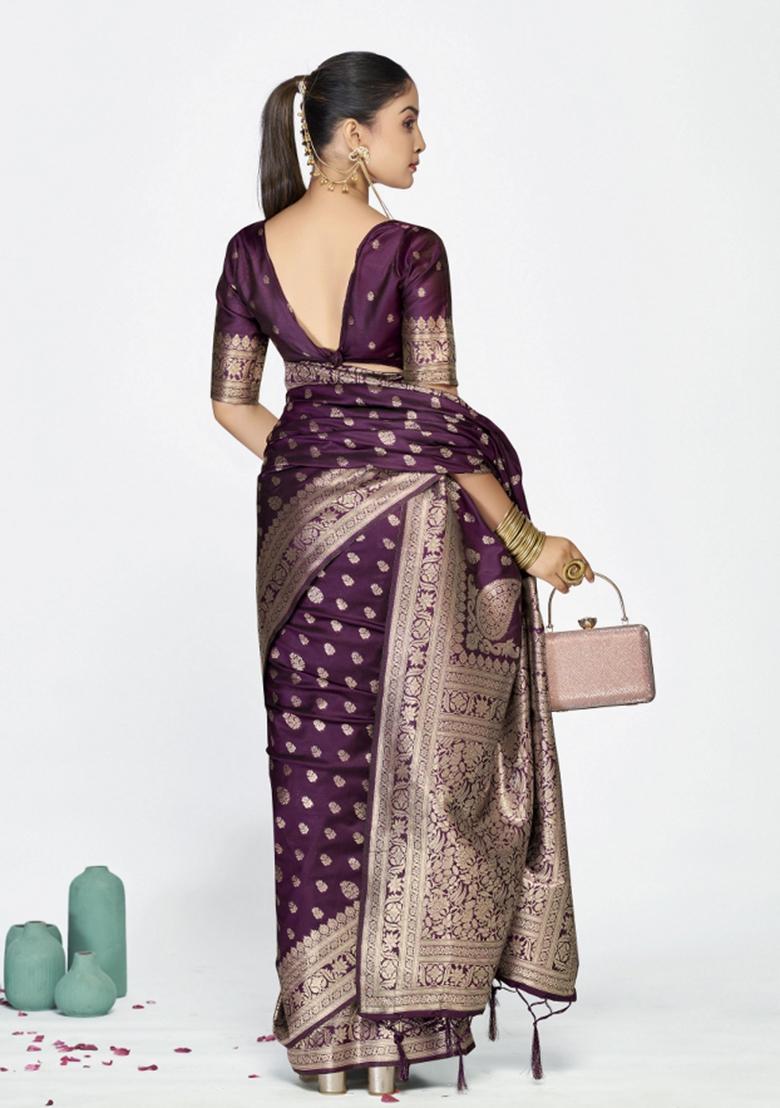 Wine Woven Silk Blend Saree Set - Indya