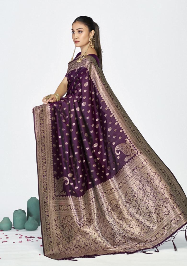 Wine Woven Silk Blend Saree Set - Indya