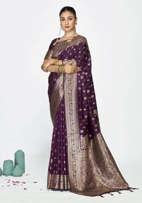 Wine Woven Silk Blend Saree Set