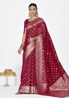 Maroon Woven Silk Blend Saree Set