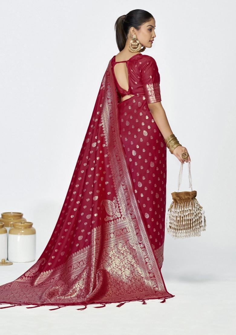 Maroon Woven Silk Blend Saree Set - Indya