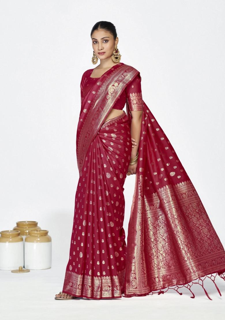 Maroon Woven Silk Blend Saree Set - Indya