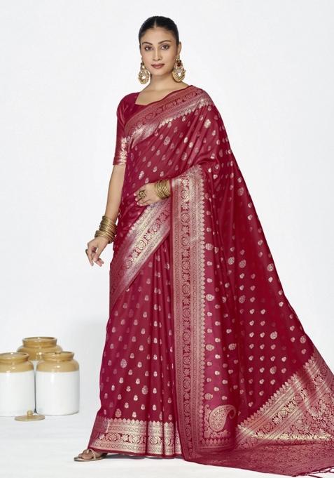 Maroon Woven Silk Blend Saree Set