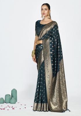 Blue Woven Silk Blend Saree Set