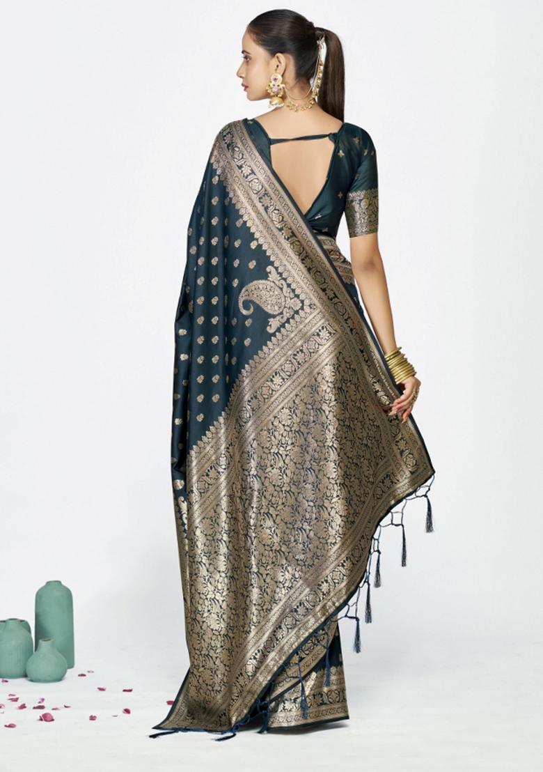 Blue Woven Silk Blend Saree Set - Indya