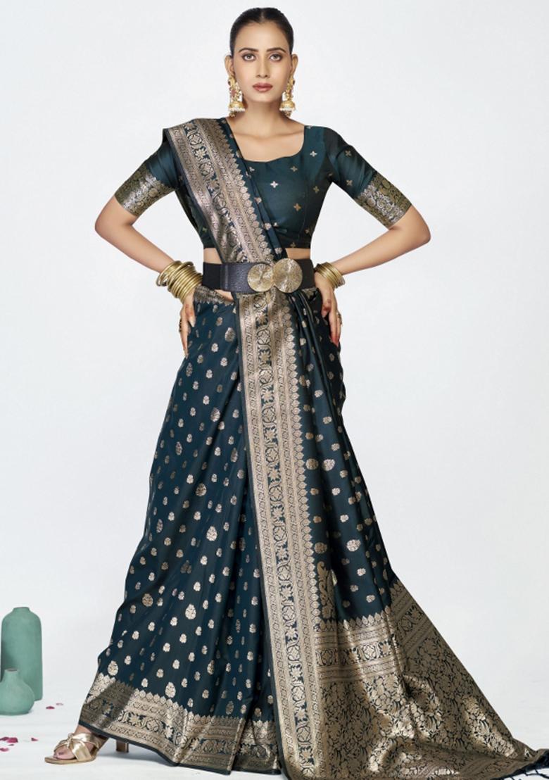 Blue Woven Silk Blend Saree Set - Indya