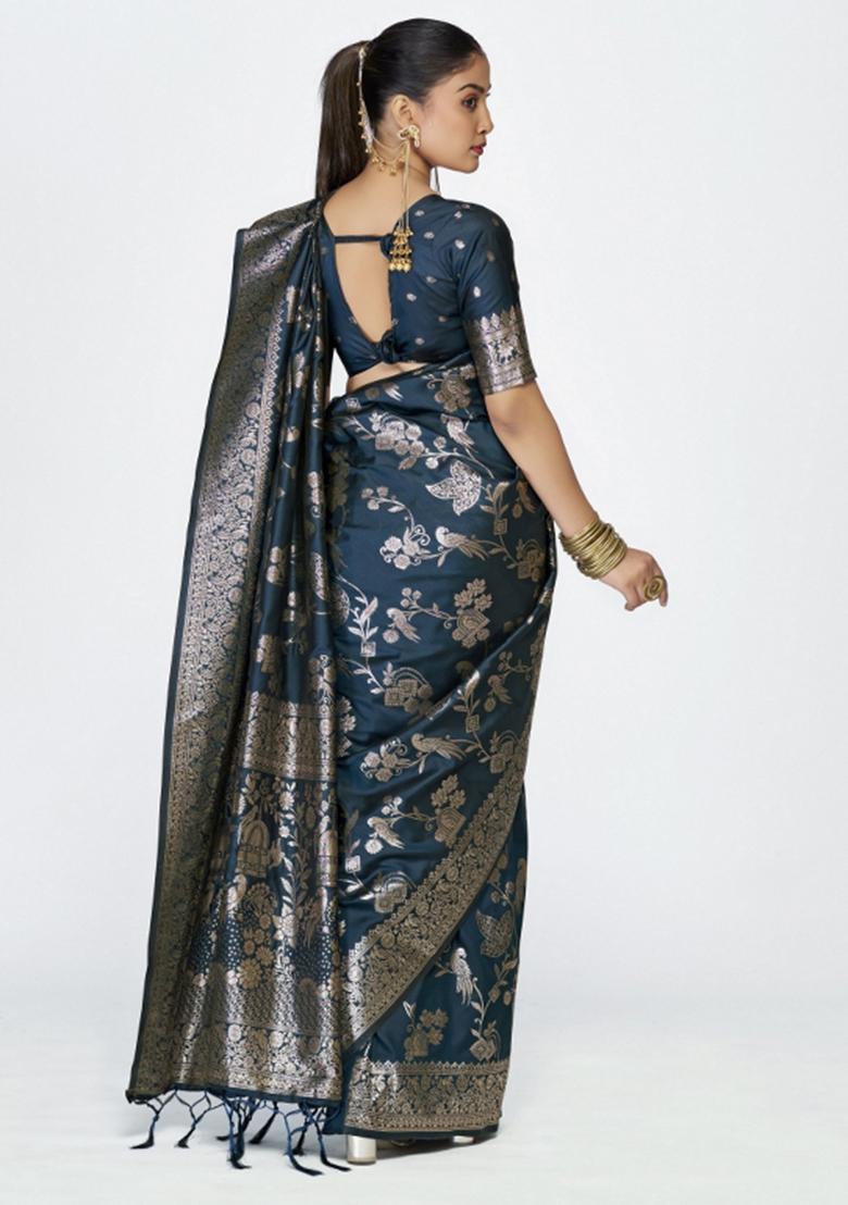 Blue Woven Silk Blend Saree Set - Indya