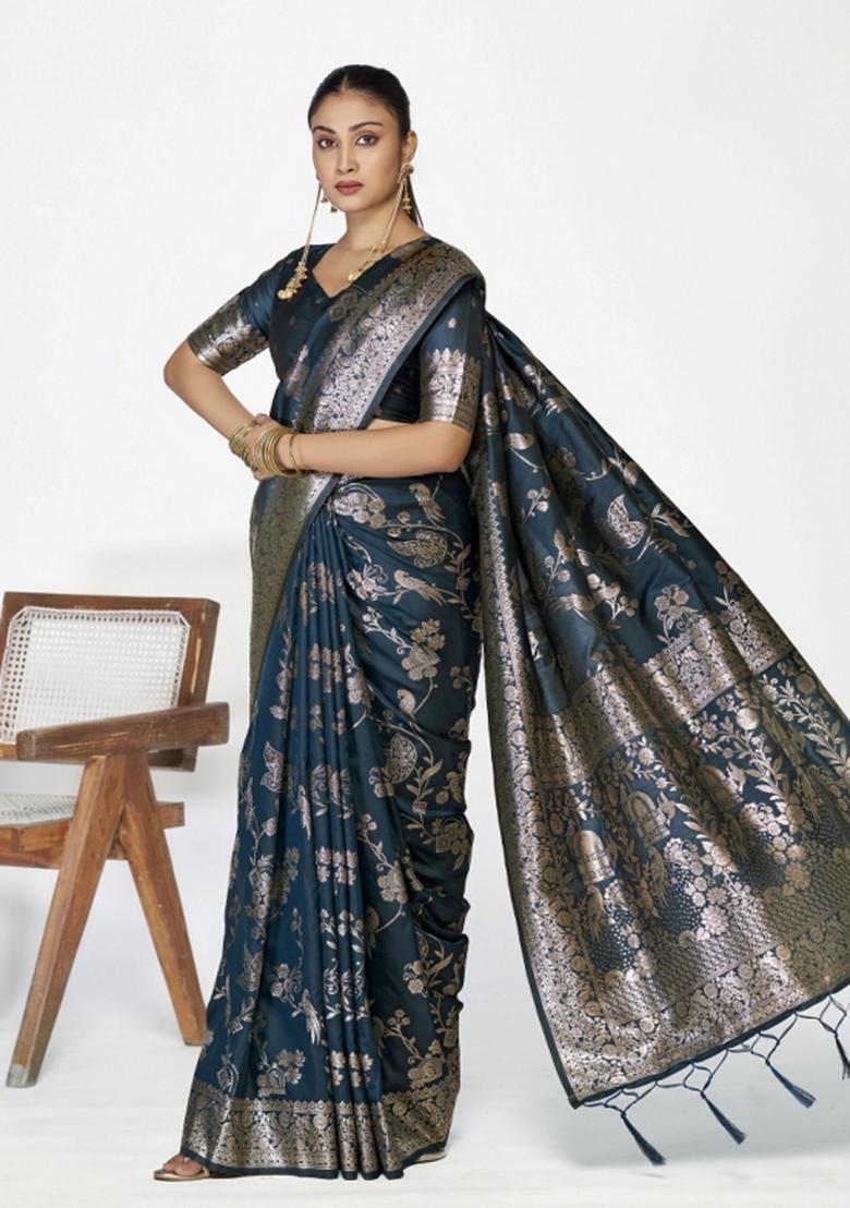 Blue Woven Silk Blend Saree Set - Indya