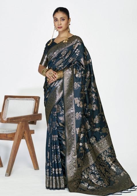 Blue Woven Silk Blend Saree Set