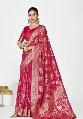Pink Woven Silk Blend Saree Set