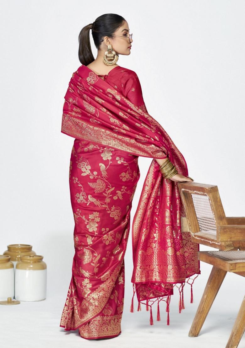 Pink Woven Silk Blend Saree Set - Indya