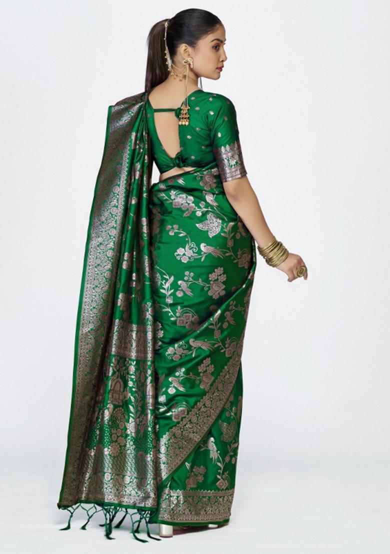 Green Woven Silk Blend Saree Set - Indya