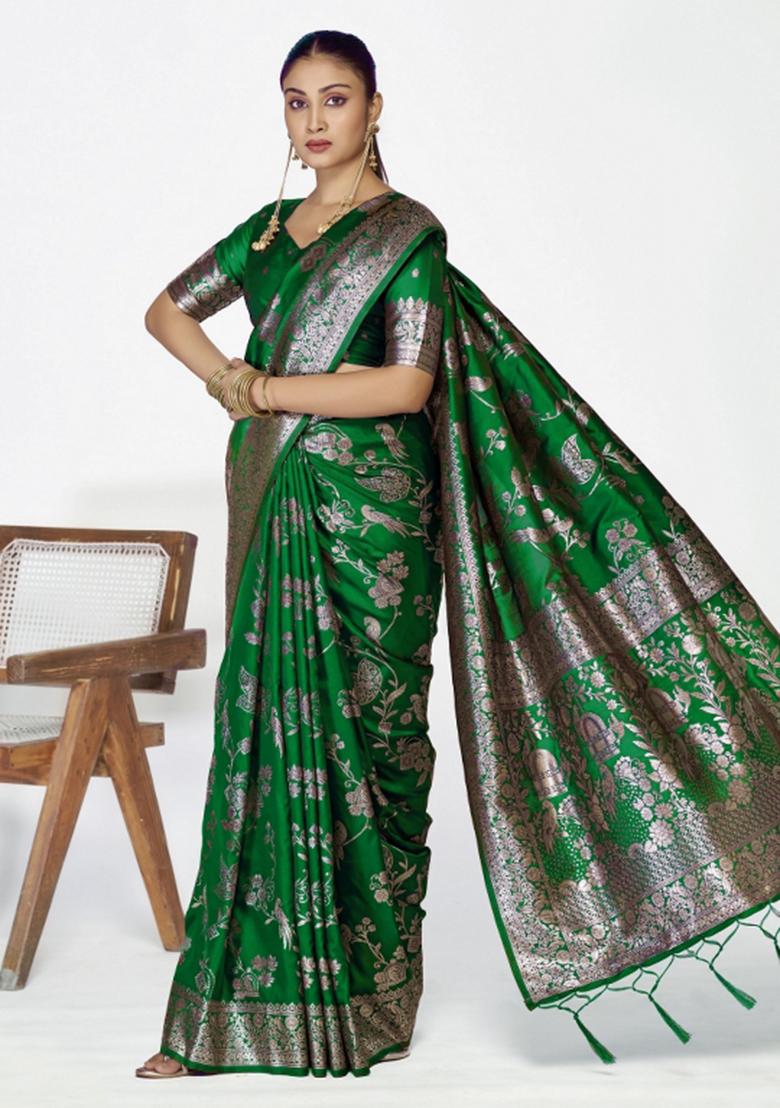 Green Woven Silk Blend Saree Set - Indya