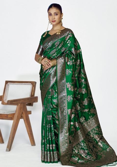 Green Woven Silk Blend Saree Set