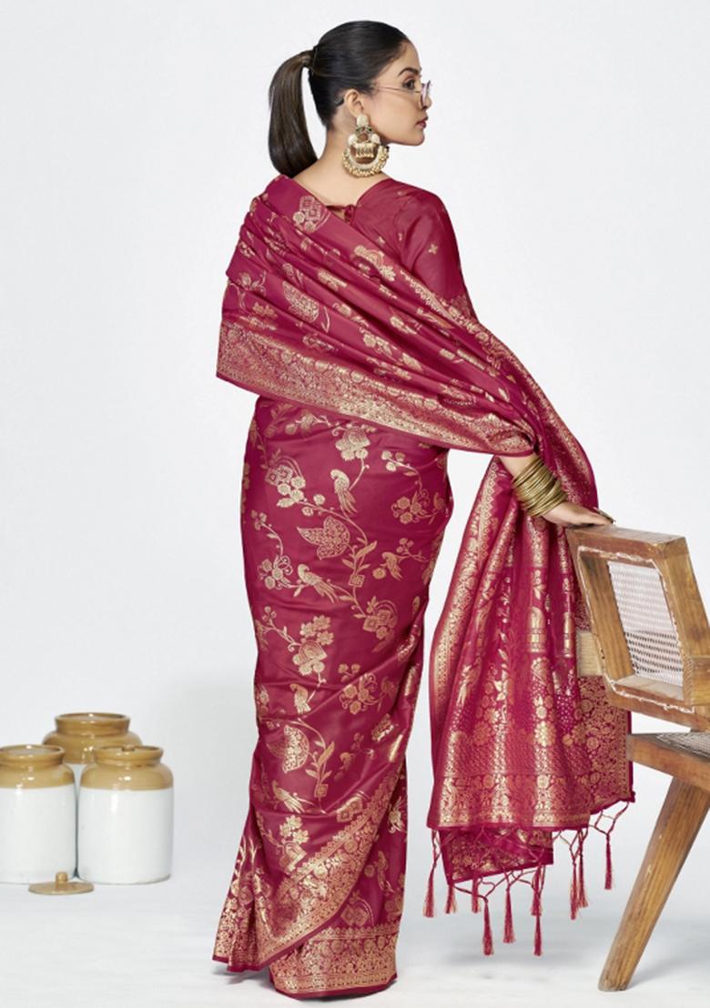 Pink Woven Silk Blend Saree Set - Indya