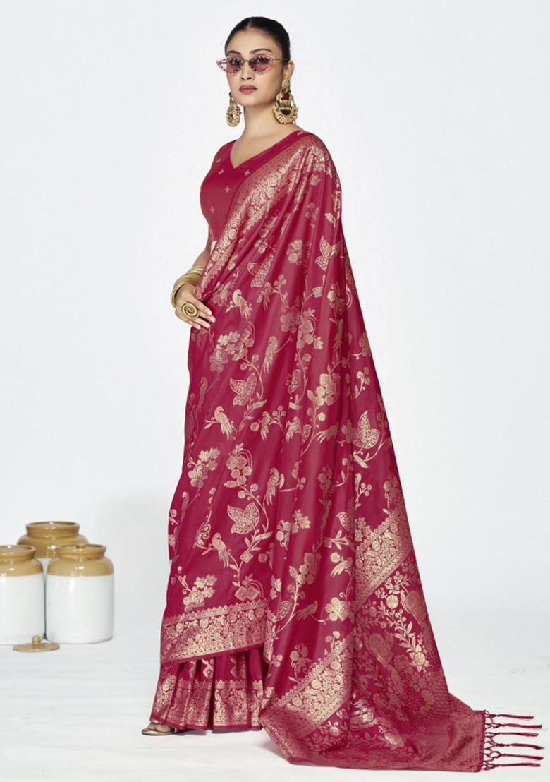 Pink Woven Silk Blend Saree Set - Indya