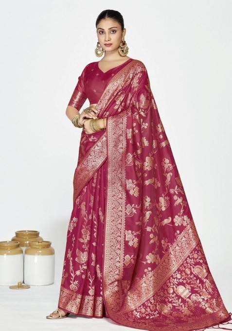 Pink Woven Silk Blend Saree Set