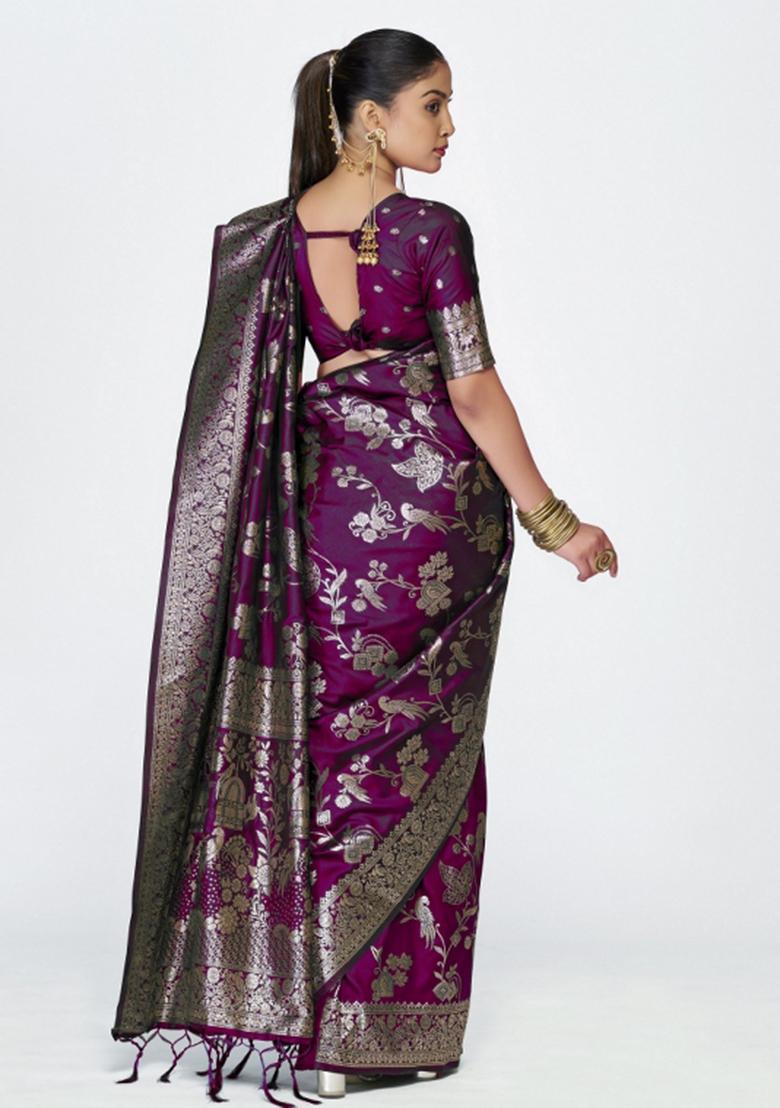 Wine Woven Silk Blend Saree Set - Indya