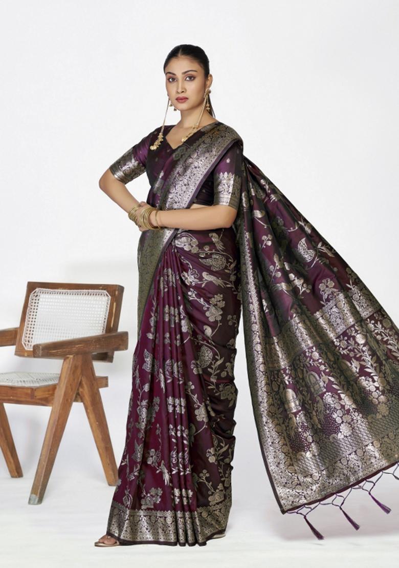 Wine Woven Silk Blend Saree Set - Indya