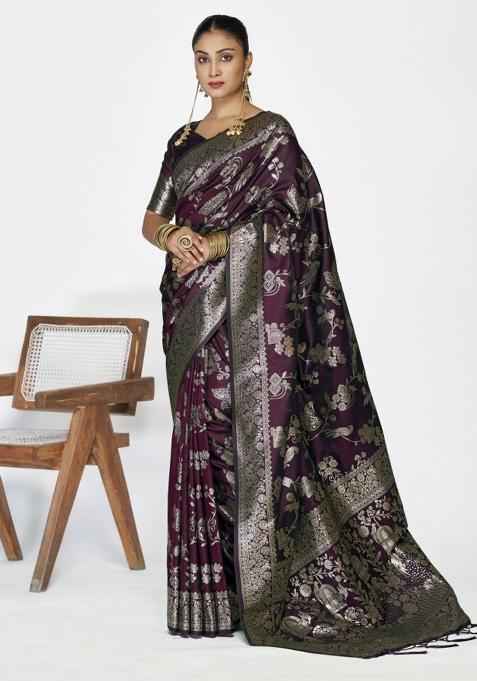 Wine Woven Silk Blend Saree Set