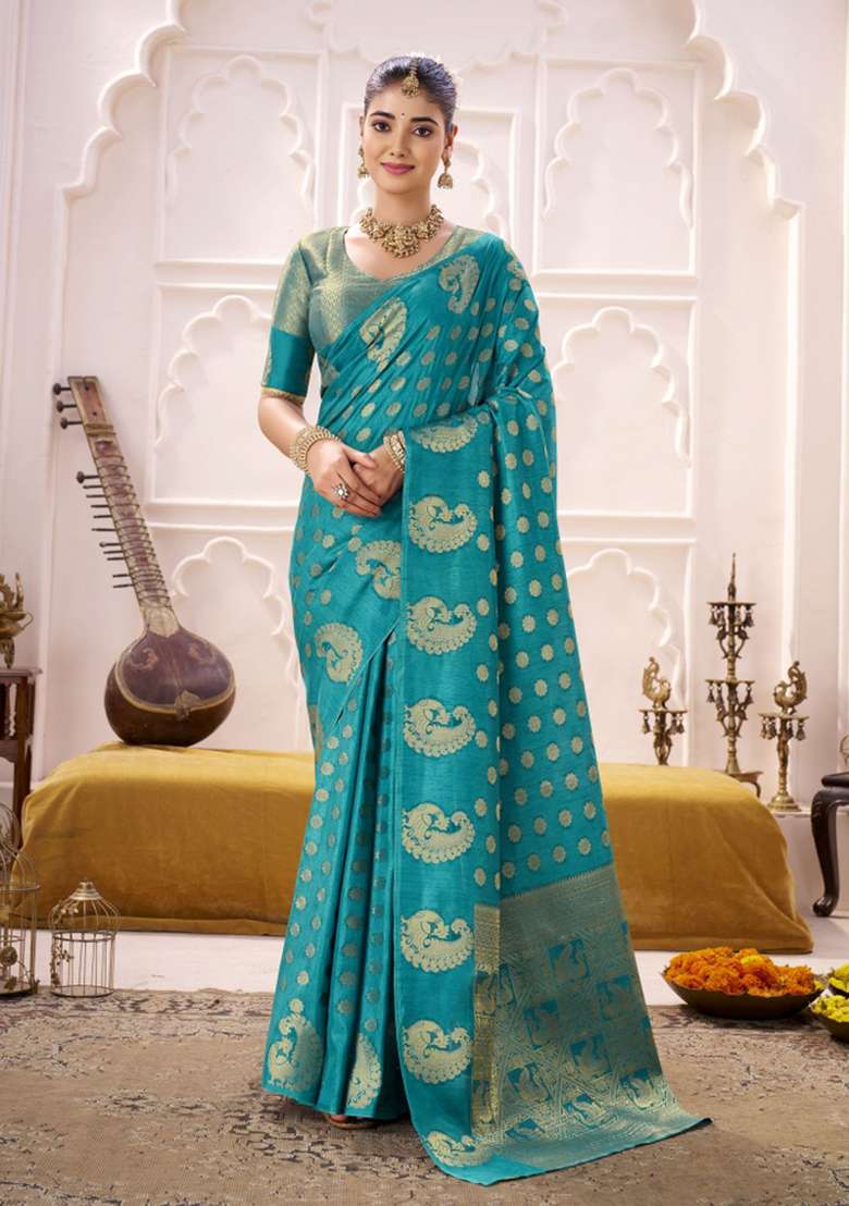 Blue Woven Silk Blend Saree Set for Diwali and Festive Wear - Indya