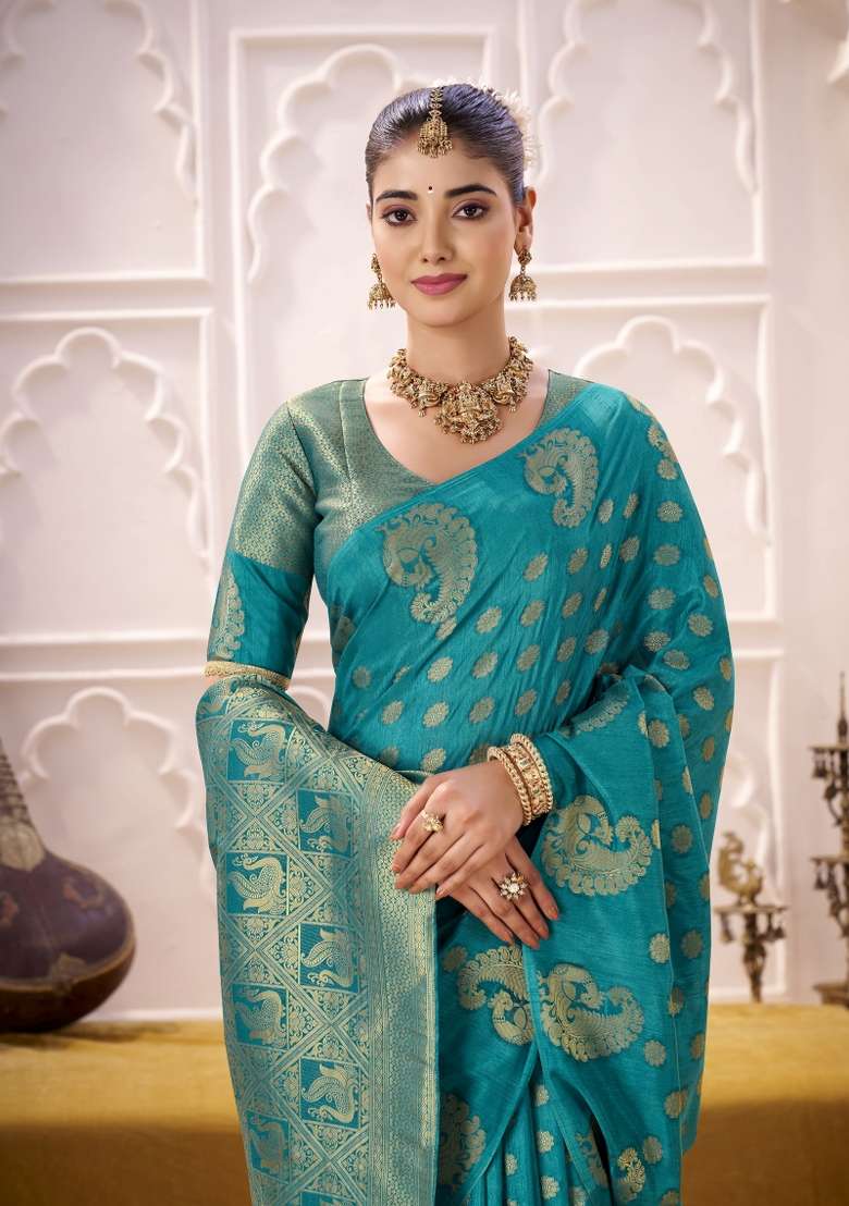 Blue Woven Silk Blend Saree Set for Diwali and Festive Wear - Indya