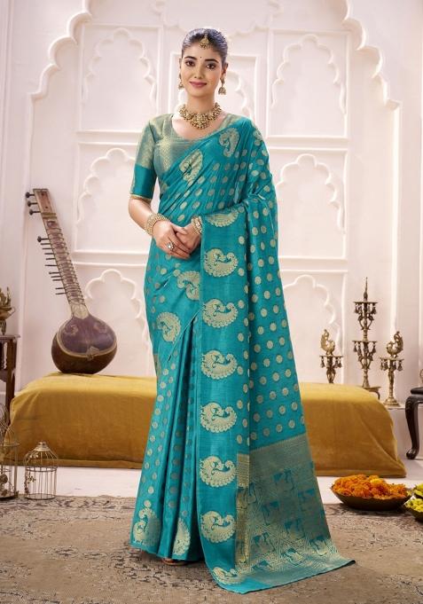Blue Woven Silk Blend Saree Set
