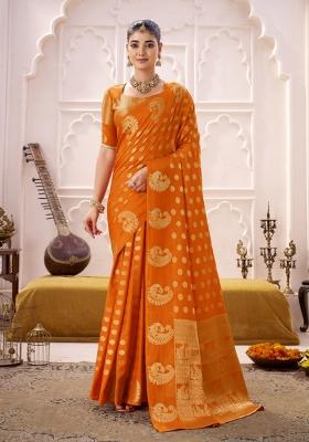 Orange Woven Silk Blend Saree Set