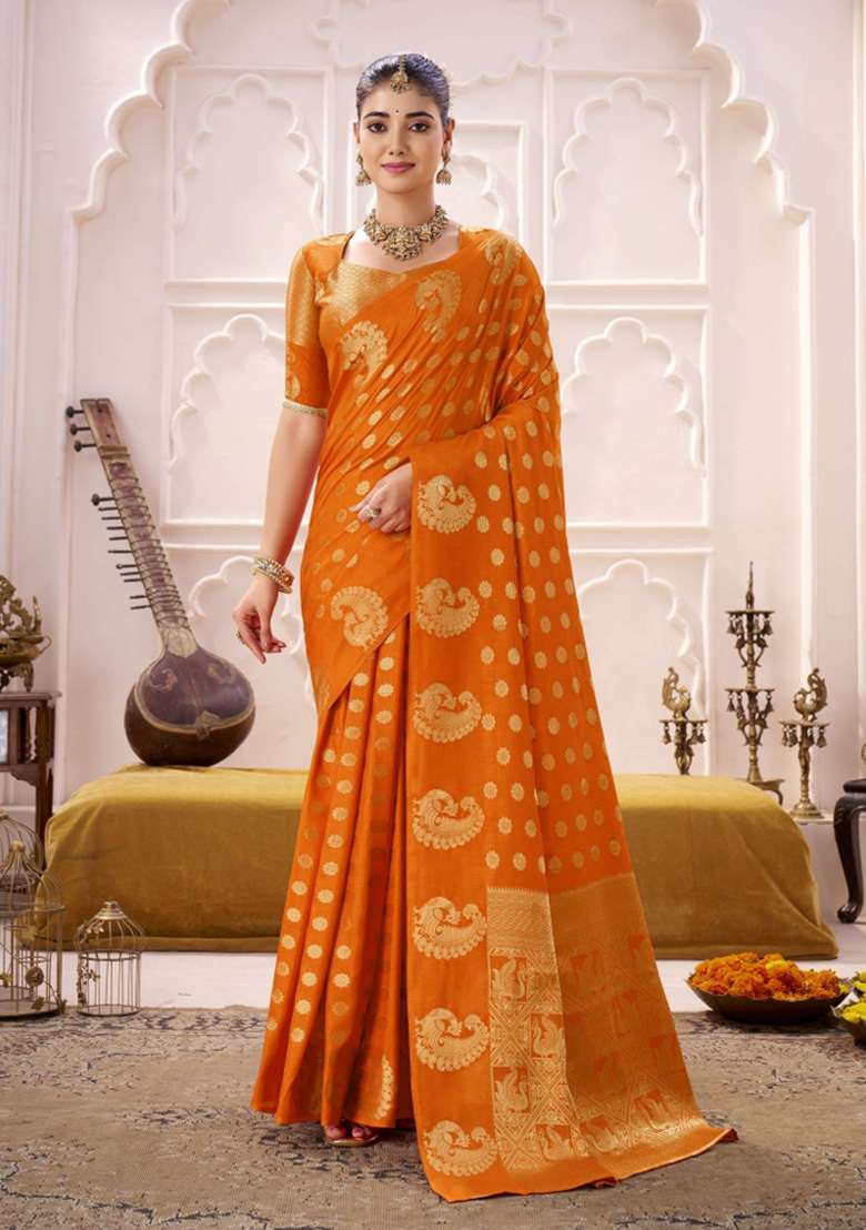 Orange Woven Silk Blend Saree Set for Diwali | Wedding & Festive Wear - Indya