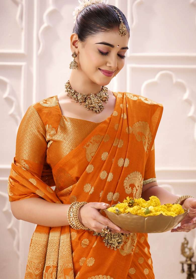 Orange Woven Silk Blend Saree Set for Diwali | Wedding & Festive Wear - Indya