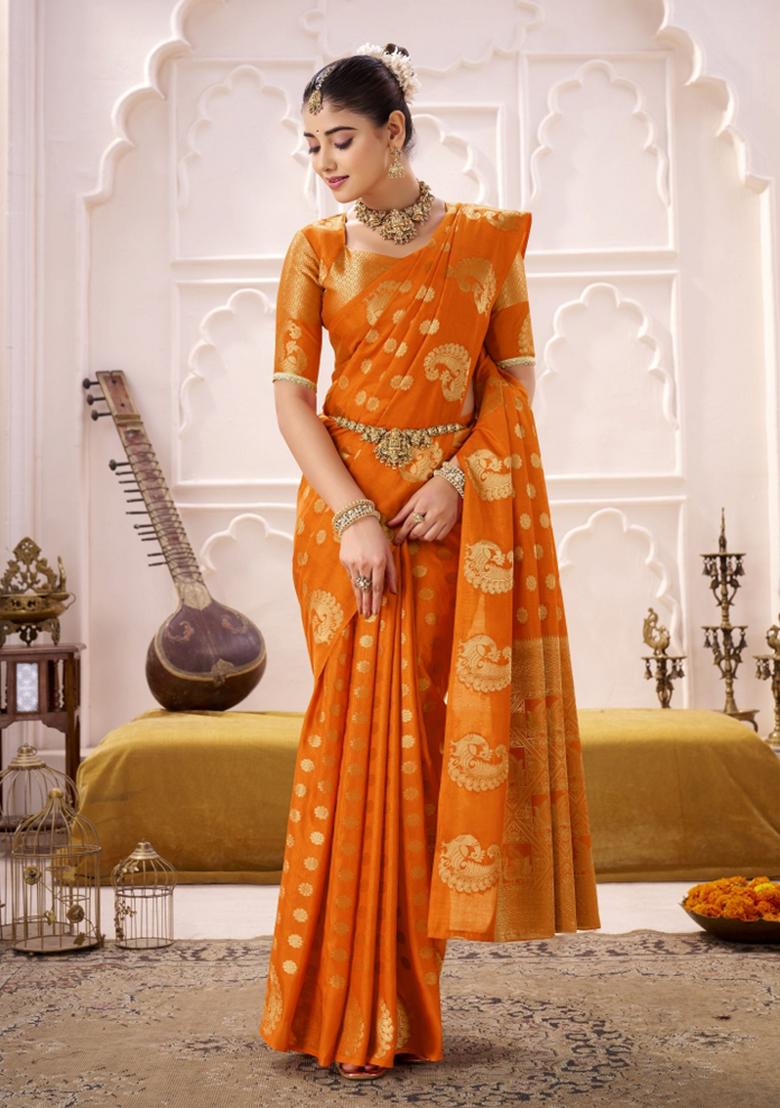 Orange Woven Silk Blend Saree Set - Indya