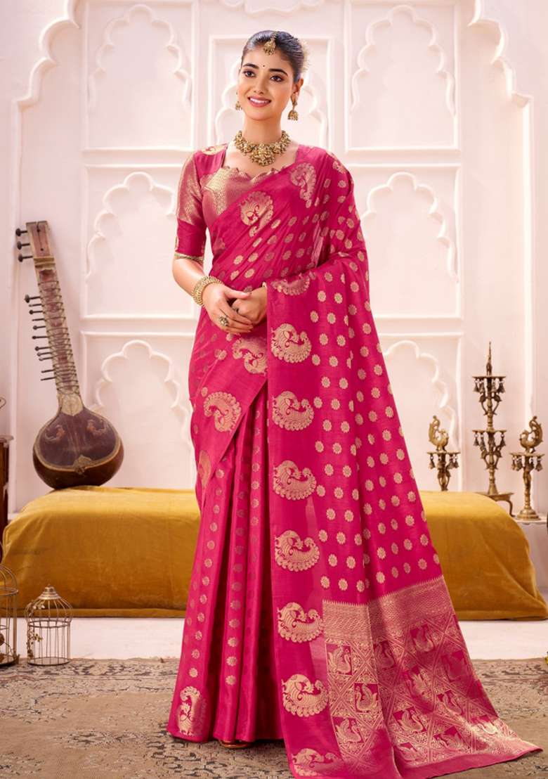 Pink Woven Silk Blend Saree Set for Diwali | Wedding & Festive Wear - Indya