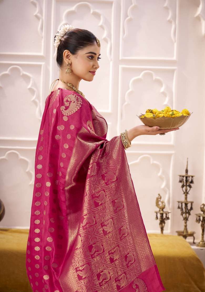 Pink Woven Silk Blend Saree Set for Diwali | Wedding & Festive Wear - Indya
