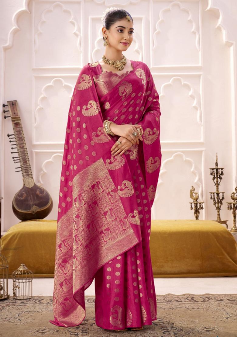 Pink Woven Silk Blend Saree Set - Indya