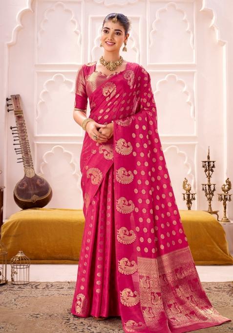 Pink Woven Silk Blend Saree Set