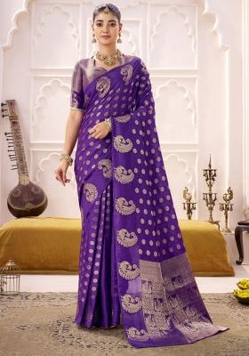 Purple Woven Silk Blend Saree Set