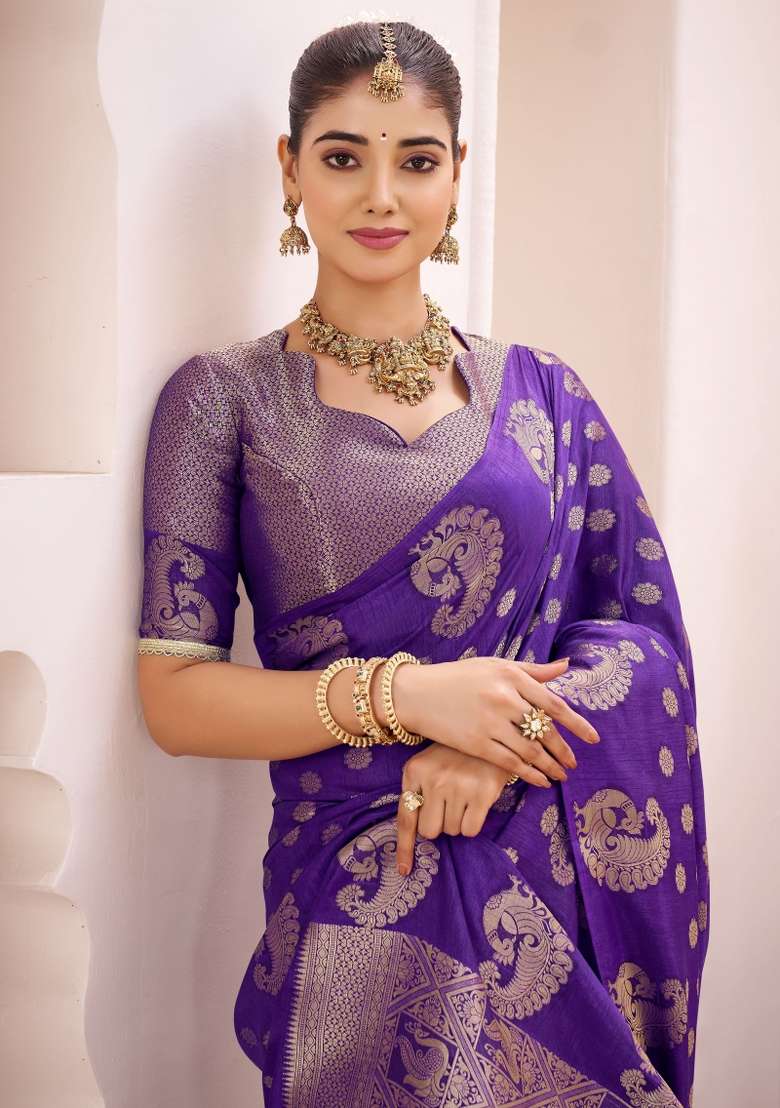 Purple Woven Silk Blend Saree Set for Diwali and Festive Wear - Indya