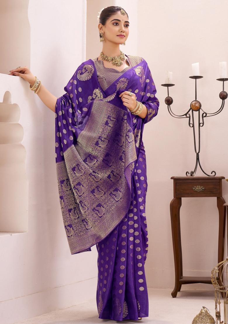 Purple Woven Silk Blend Saree Set - Indya