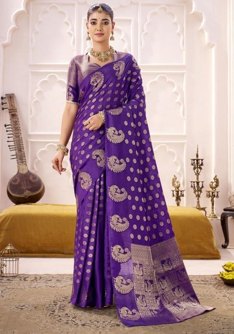 Purple Woven Silk Blend Saree Set