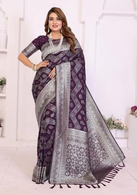 Purple Woven Silk Blend Saree Set