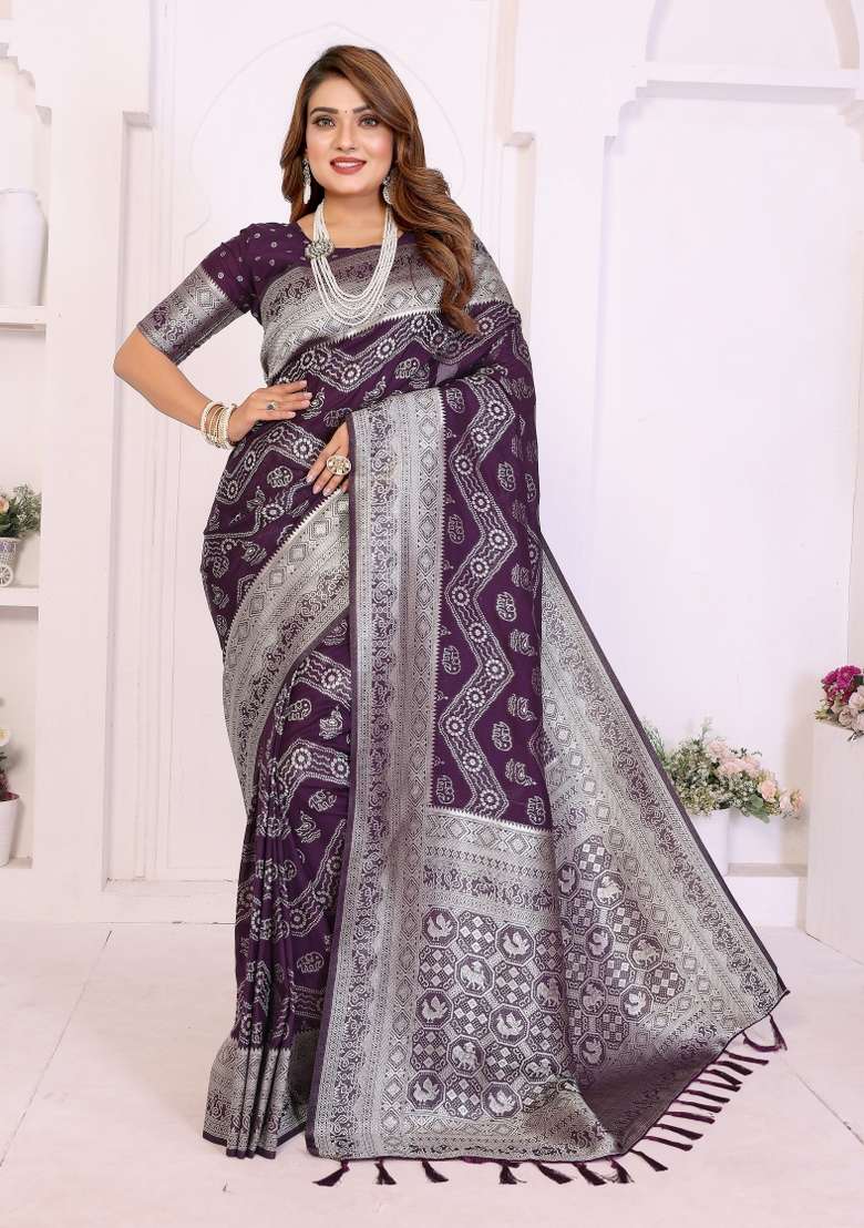 Purple Woven Silk Blend Saree Set for Diwali | Wedding & Festive Wear - Indya
