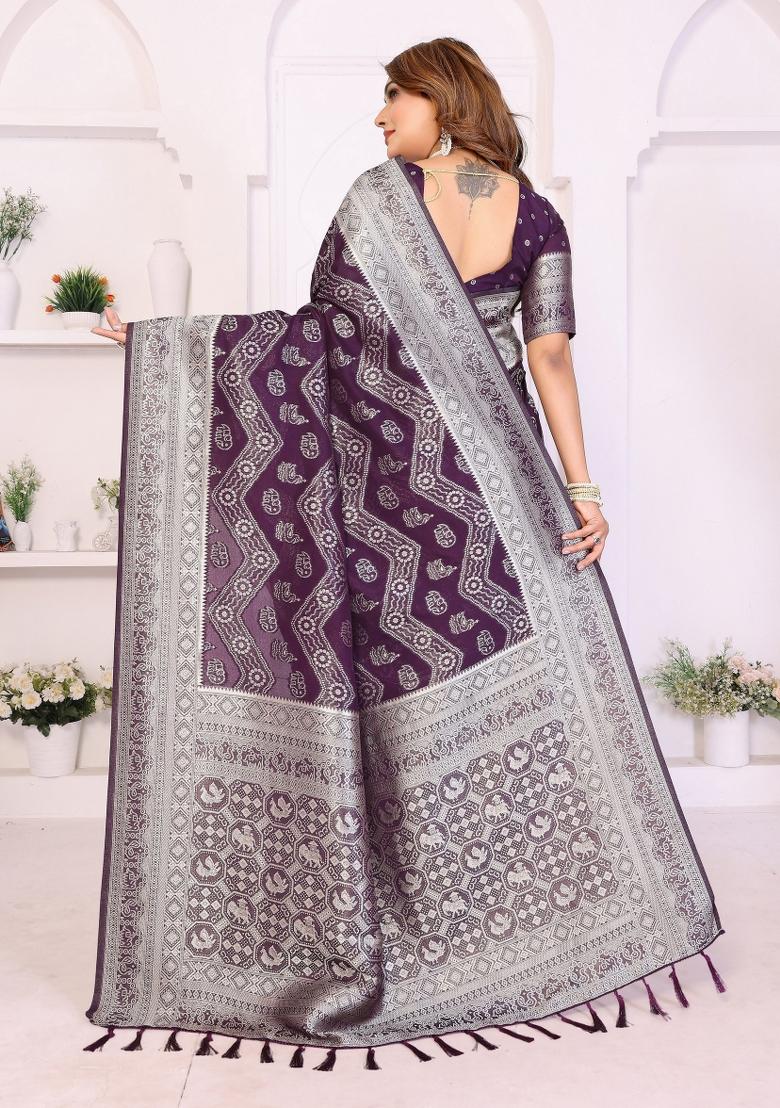 Purple Woven Silk Blend Saree Set - Indya