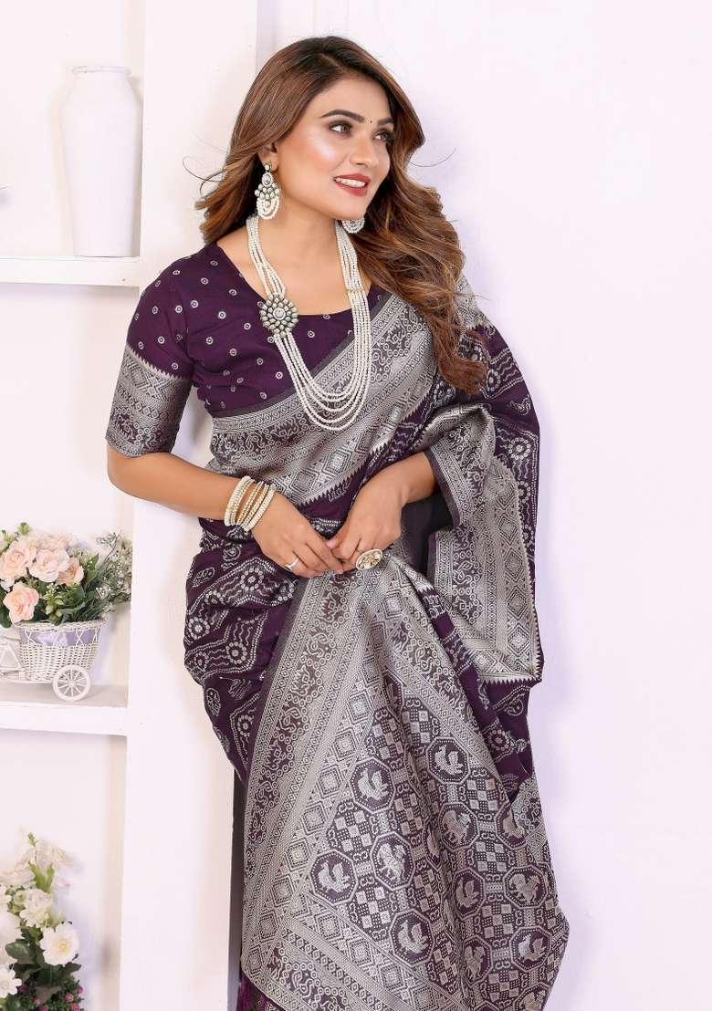 Purple Woven Silk Blend Saree Set for Diwali | Wedding & Festive Wear - Indya