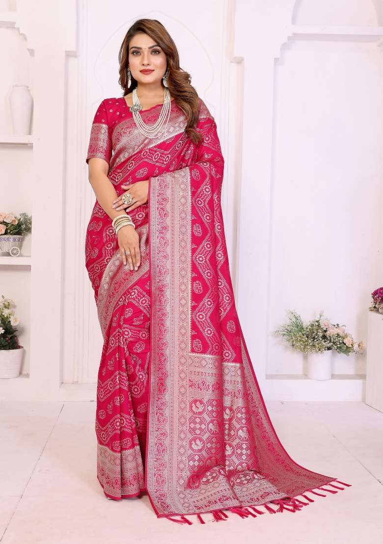 Pink Woven Silk Blend Saree Set for Diwali | Wedding & Festive Wear - Indya