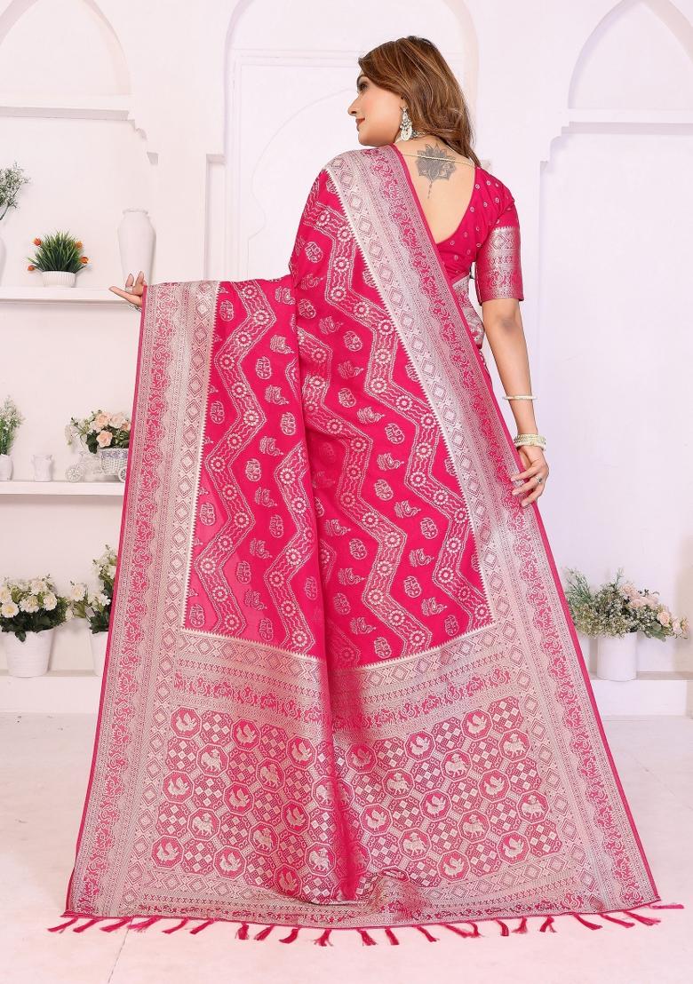Pink Woven Silk Blend Saree Set - Indya