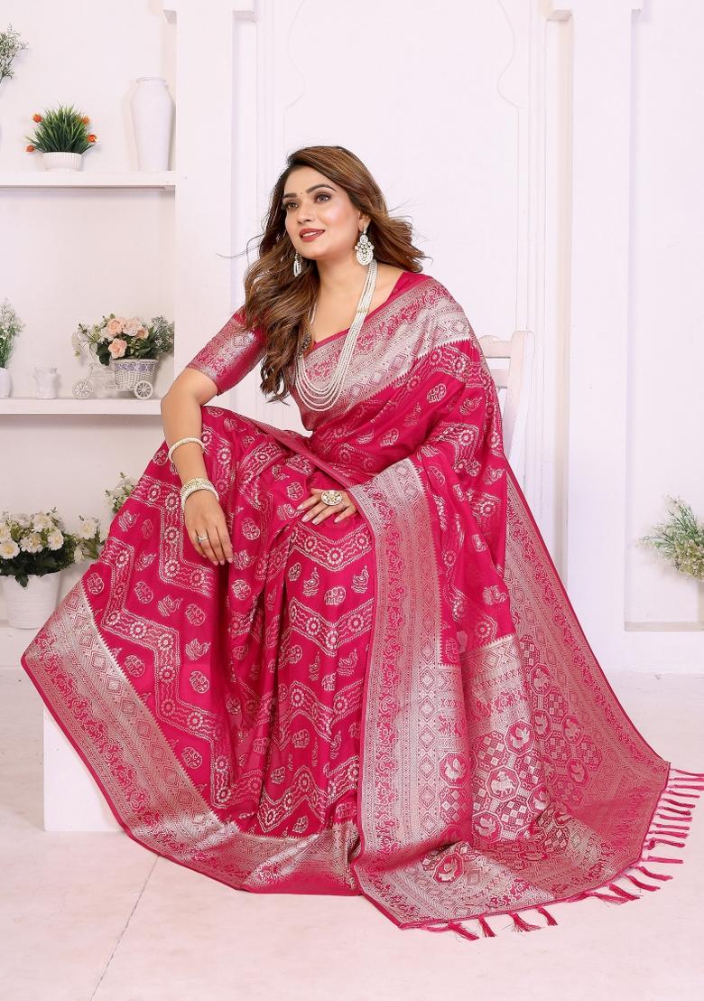 Pink Woven Silk Blend Saree Set - Indya